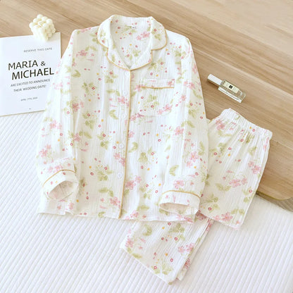 2025 New Spring/Summer Women's Pajama Set 100% Cotton Crepe Cute Love Long Sleeve Long Pants Two Piece Set Cardigan Home Clothes