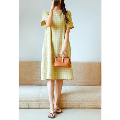 2025 New Summer Short Sleeve Sleeping Skirt 100% Cotton Yarn Weaving Jacquard Loose Pullover Mid length Plaid Skirt Home Dress