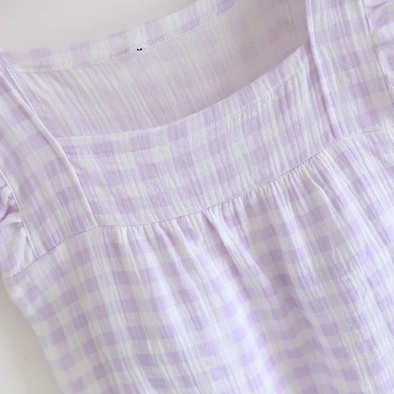 2025 Summer New Women's Sleeping Skirt Tank Top 100% Pure Cotton Large Size Loose Plaid with Chest Cushion Dress Home Fury