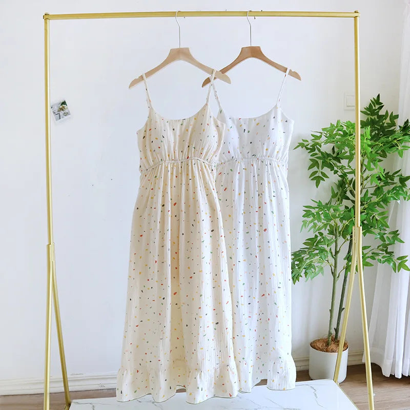 2025 New Summer Women's Sleeping Skirt 100% Cotton Crepe with Chest Cushion Suspender Dress Cute Thin Home Dress Summer Dress