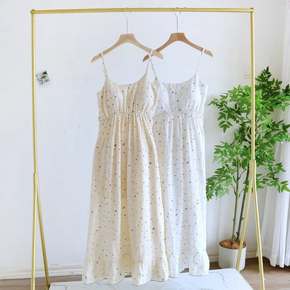 2025 New Summer Women's Sleeping Skirt 100% Cotton Crepe with Chest Cushion Suspender Dress Cute Thin Home Dress Summer Dress