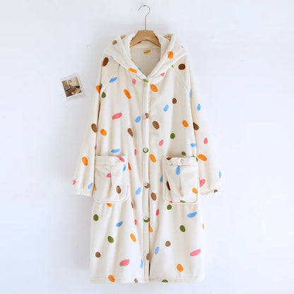 2025 Winter New Flannel Sleeping Robe Women's Bathrobe Long Thickened Velvet Cute Sweet Hooded Home Robe Sleepwear Ladies