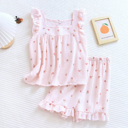 Pure desire for ins in summer, flounce shorts, cotton suspenders, pajamas, women's summer home clothes, two-piece suit, summer