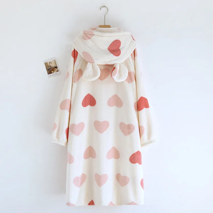 2025 Winter New Flannel Sleeping Robe Women's Bathrobe Long Thickened Velvet Cute Sweet Hooded Home Robe Sleepwear Ladies