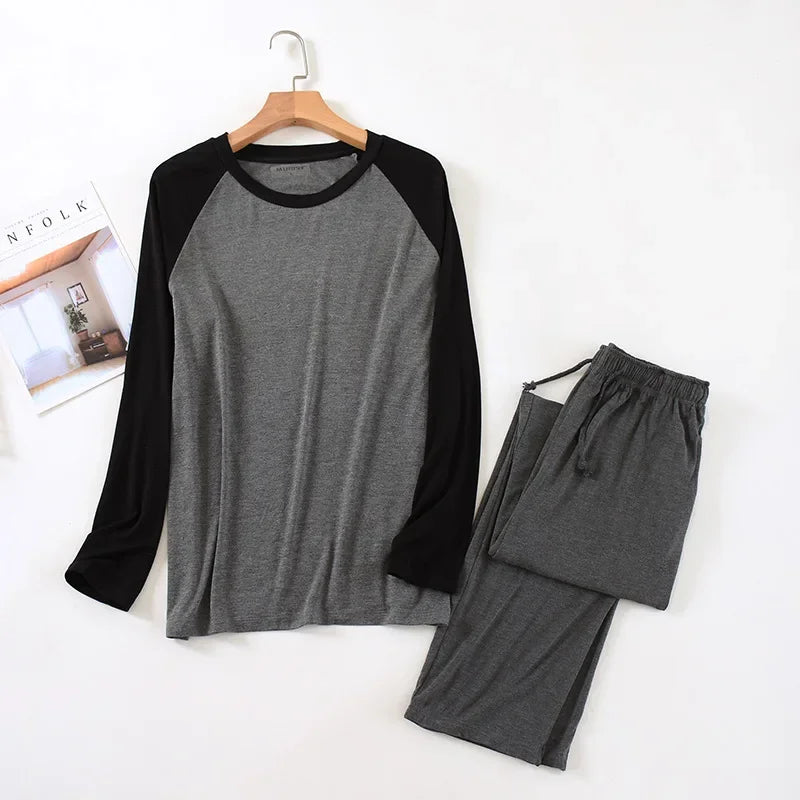 Spring and summer men's modal long-sleeved trousers pajamas set splicing large size sports home service suit spring and autumn