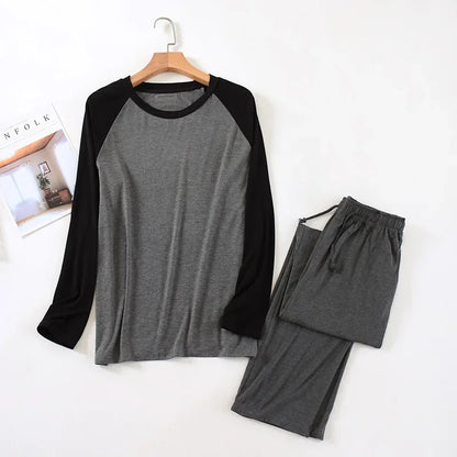 Spring and summer men's modal long-sleeved trousers pajamas set splicing large size sports home service suit spring and autumn