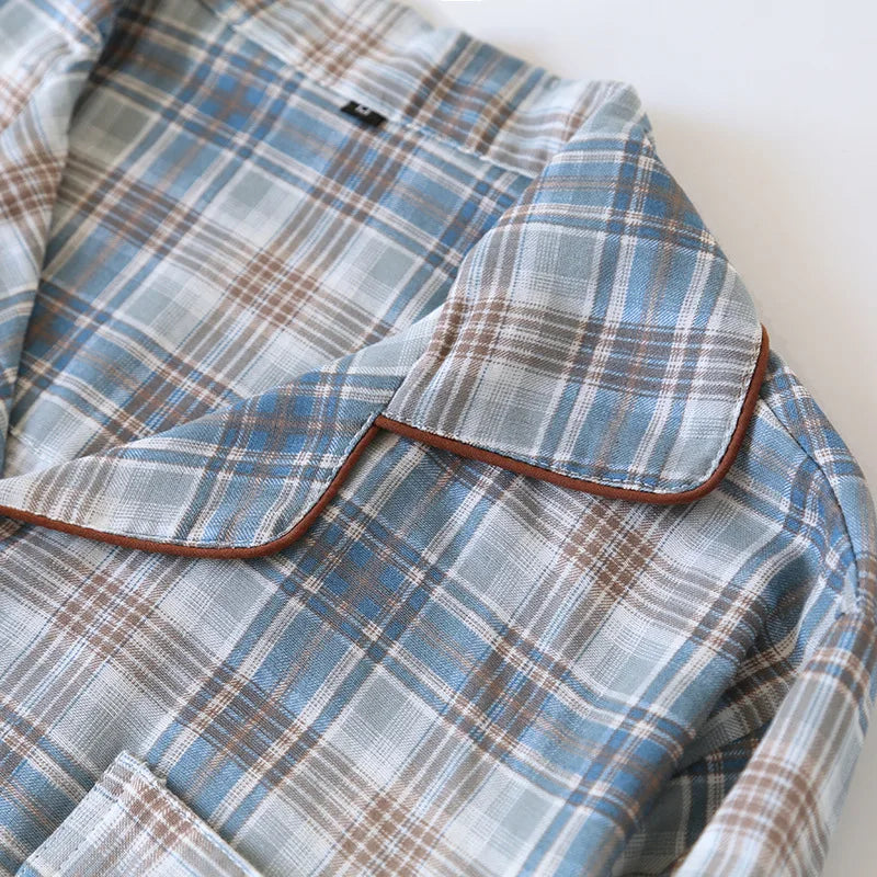 2025 Japanese New Men's Pajama Set Spring/Summer Checkered Simple Long sleeved Two Piece Set 100%Cotton Cardigan Home Furnishing