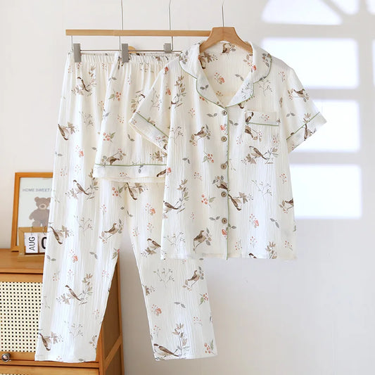 2025 New Spring/Summer Women's Pajama Set 100% Cotton Crepe Cute Thin Short Sleeve+Shorts+Pants Home Clothes 3-Piece Set