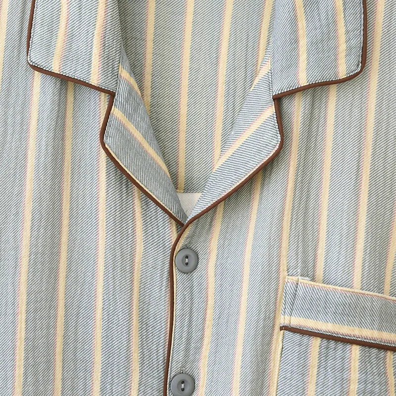 New men's sleepwear two-piece set for spring 2025 100% cotton crepe fabric vertical stripe long sleeved long pants home suit set