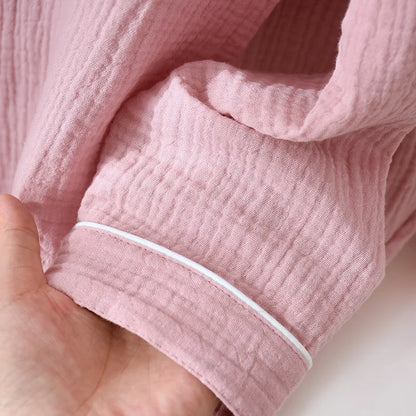 New Spring and Autumn Couple Pajamas Set 100%Cotton Crepe Long Sleeve Pants Two Piece Men's and Women's Large Size Home Garments