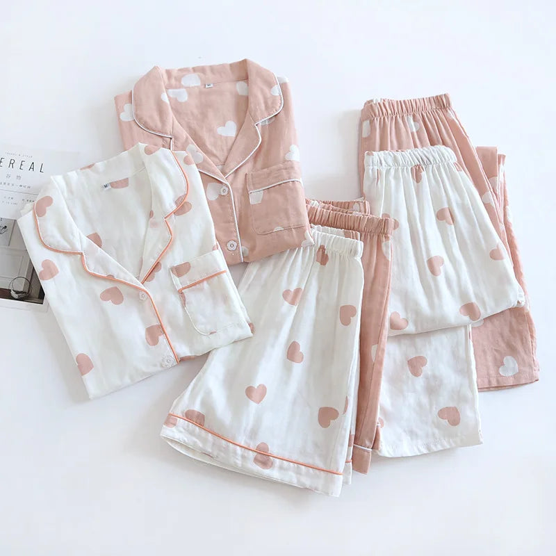 New spring and summer women's pajamas three-piece set short sleeves + shorts + trousers 100%cotton gauze love print homewear set