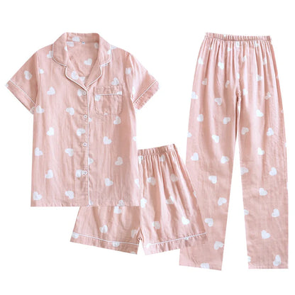 New spring and summer women's pajamas three-piece set short sleeves + shorts + trousers 100%cotton gauze love print homewear set