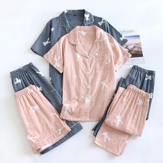 Summer new couple pajamas three-piece set short-sleeved + shorts + trousers 100% cotton gauze men's and women's home clothes