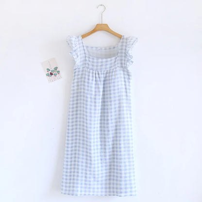 2025 Summer New Women's Sleeping Skirt Tank Top 100% Pure Cotton Large Size Loose Plaid with Chest Cushion Dress Home Fury