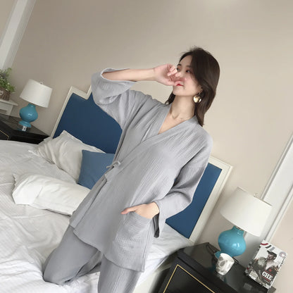Japanese kimono suit lovers 100% cotton crepe pajamas long sleeved trousers two-piece kimono suit for men and women sleepwear