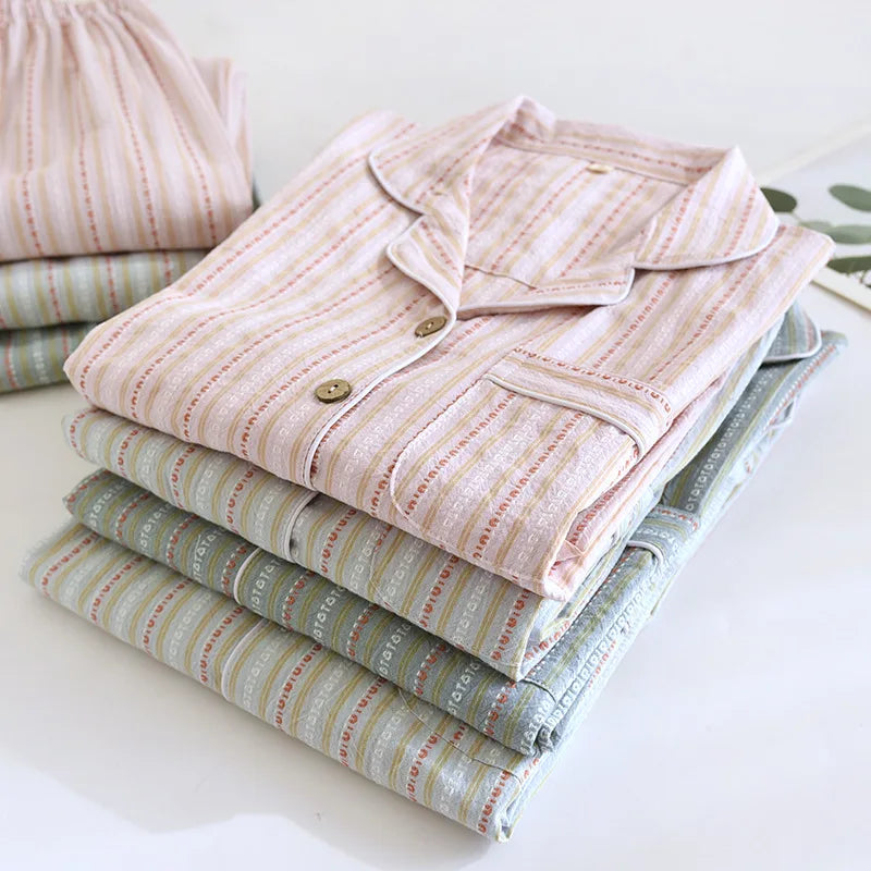 2025 New Spring/Summer Couple Set 100% Cotton Striped Long Sleeve Two Piece Set Men's and Women's Cardigan Home Clothes
