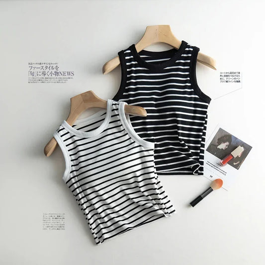 2025 Summer New Women's Tank Top Pajamas All Cotton with Chest Pads Tank Top with Stripe Sports Bottom Short Home Fur Ladies