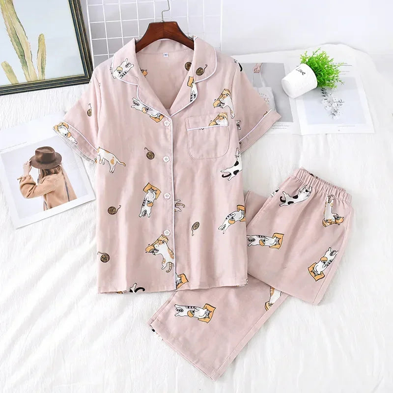 2025 Japanese style simple short women female 100% cotton gauze short sleeve trousers ladies pajamas suit cute pajamas sets home