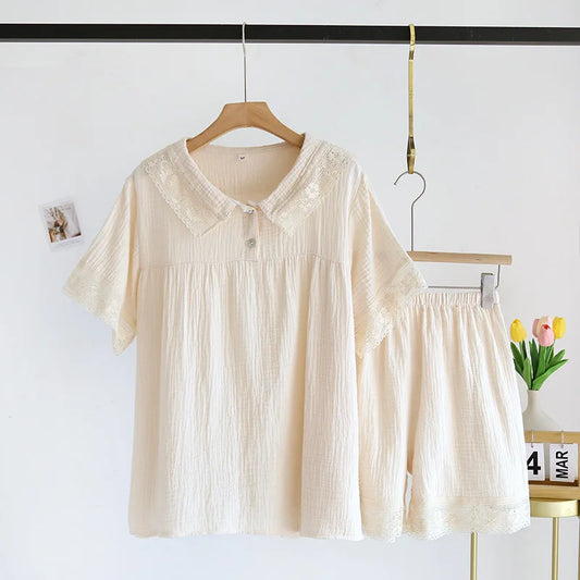 2025 New Japanese Women's Summer Pajama Set 100% Cotton Crepe Short Sleeve Shorts Two Piece Lace Neck Breathable Home Suit Set