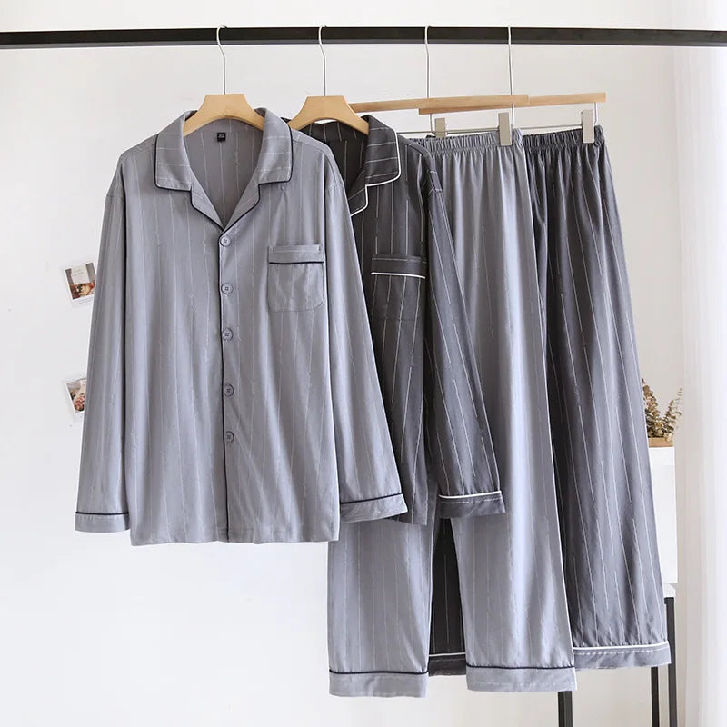 Spring and autumn new men's pajamas long-sleeved trousers suit 100% cotton knitted striped plus size home clothes two-piece set