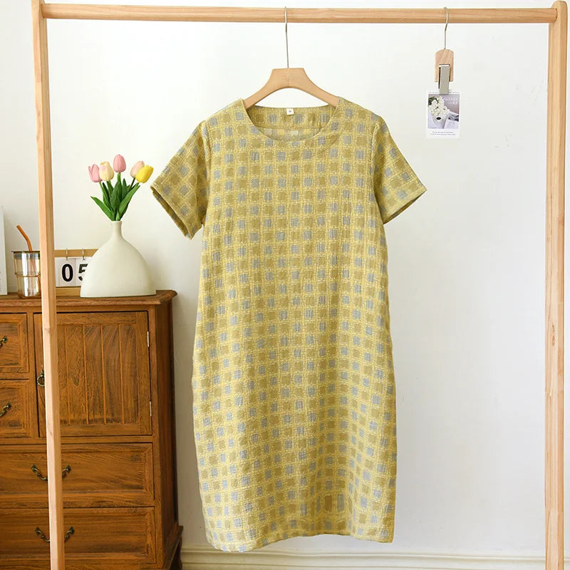 2025 New Summer Short Sleeve Sleeping Skirt 100% Cotton Yarn Weaving Jacquard Loose Pullover Mid length Plaid Skirt Home Dress