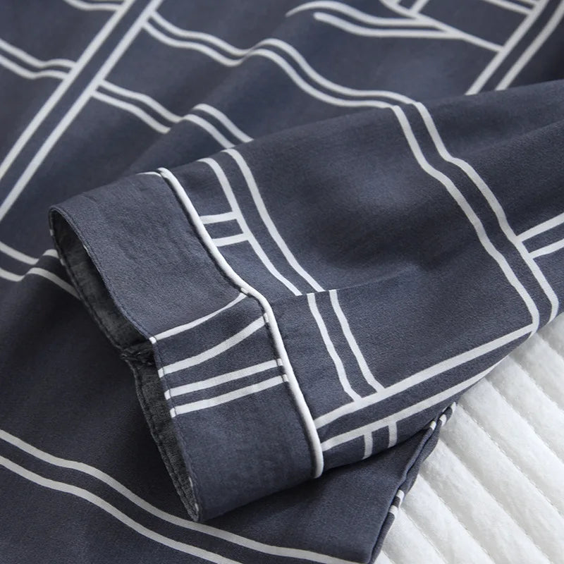 Spring and summer new men's pajamas long-sleeved trousers two-piece set 100% viscose thin homewear set cardigan large size sleep