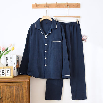 New Spring and Autumn Couple Pajamas Set 100%Cotton Crepe Long Sleeve Pants Two Piece Men's and Women's Large Size Home Garments