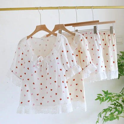 2025 New Summer Women's Pajama Set 100% Cotton Short Sleeve Shorts with Chest Pads Two Piece Loose Home Furnishings Ladies