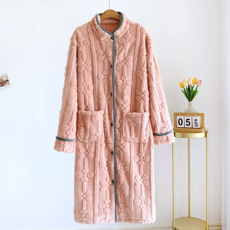 Autumn and Winter 2025 New Women's Nightgown Flannel Sweet and cute Bathrobe Women's Nightdress Stand collar Button Home Dress