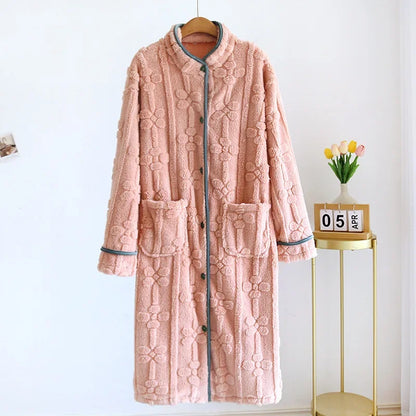 Autumn and Winter 2025 New Women's Nightgown Flannel Sweet and cute Bathrobe Women's Nightdress Stand collar Button Home Dress