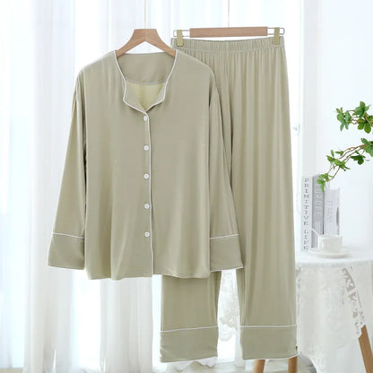 New Spring and Autumn Women's Pajamas Set Modal Pure Color Simple Thin Cardigan Long Sleeve Pants Two Piece Home Suit Sleepwear