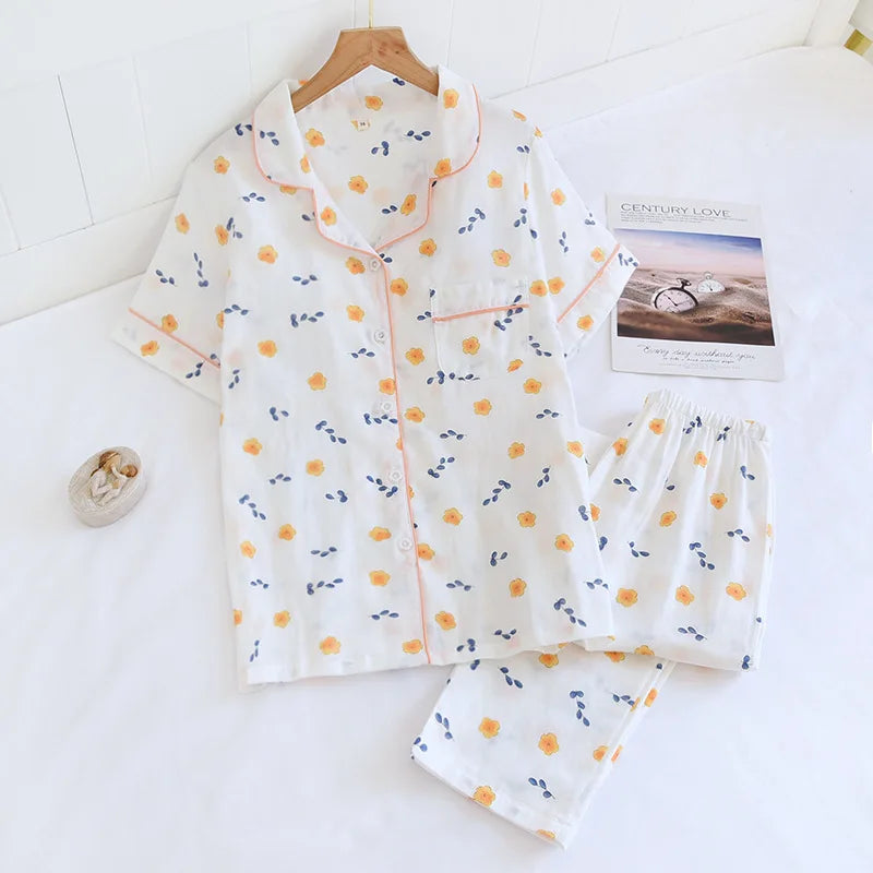 2025 Japanese style simple short women female 100% cotton gauze short sleeve trousers ladies pajamas suit cute pajamas sets home