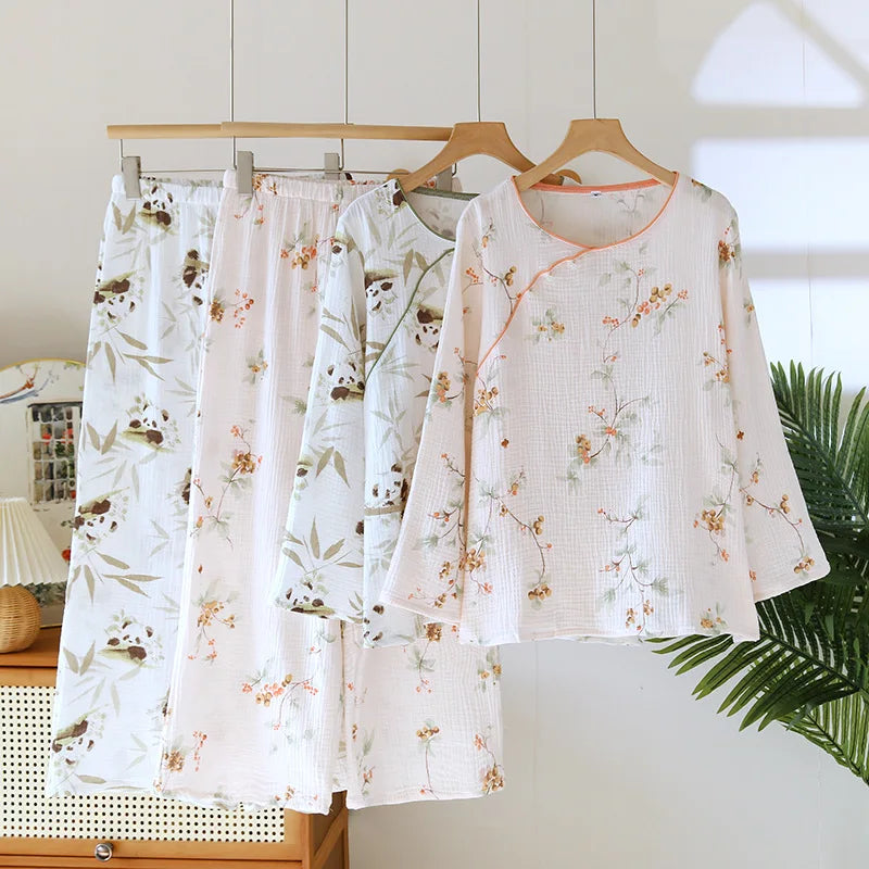 2025 Spring and Autumn New Women's Cartoon Pajama Set 100% Cotton Crepe Chinese Long Sleeve Long Pants Two Piece Set Ladies