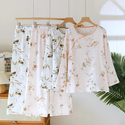 2025 Spring and Autumn New Women's Cartoon Pajama Set 100% Cotton Crepe Chinese Long Sleeve Long Pants Two Piece Set Ladies