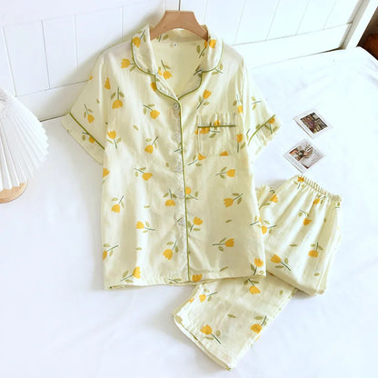 2025 Japanese style simple short women female 100% cotton gauze short sleeve trousers ladies pajamas suit cute pajamas sets home