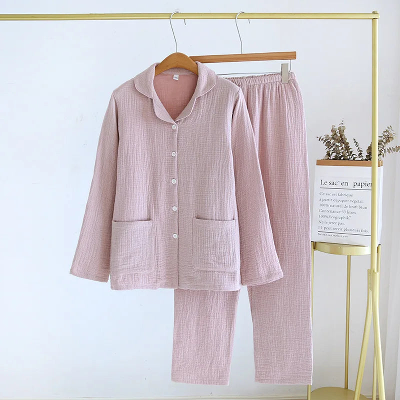 2025 New Couple's Pajama Set 100% Cotton Men's and Women's Collar Long Sleeve Long Pants Solid Color Two Piece Home Set Pijamas