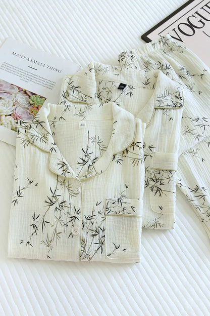 2025 New Spring and Autumn Couple Pajama Set 100% Cotton Crepe Fresh Long sleeved Pants for Men and Women Large Homewear Set