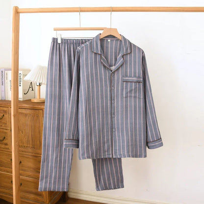 New men's sleepwear two-piece set for spring 2025 100% cotton crepe fabric vertical stripe long sleeved long pants home suit set