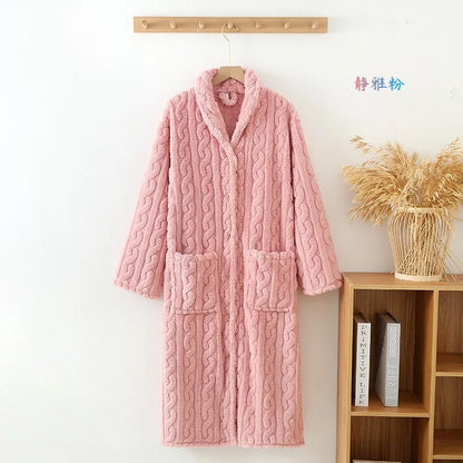 2025 New Autumn/Winter Women's Bathrobe Flannel Thickened Warm Buckle Long Dress Solid Color Nightgown Home Fur Ladies