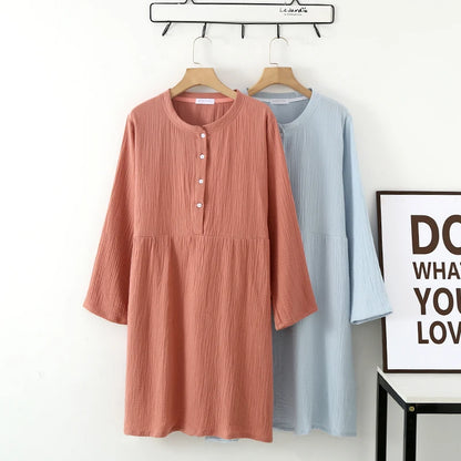 Spring and Autumn Women's Long Sleeve Nightdress 100%Cotton Crepe Round Neck Button Solid Color Dress Home Dress Nightgown Dress