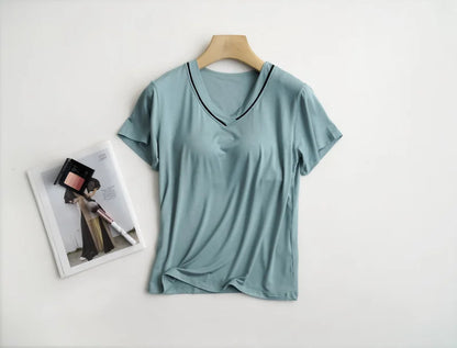 2025 summer new women's pajamas 3-piece Modal large simple pajamas with bra short sleeves+shorts+trousers casual home wear