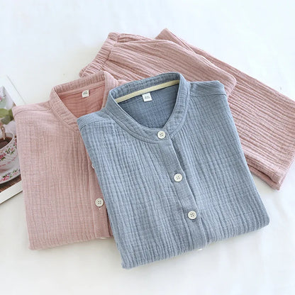 2025 Spring and Autumn New Couple Pajama Set 100% Pure Cotton Crepe Cloth Men's and Women's Stand up Neck Simple Home Clothing