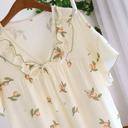 2025 Summer New Women's Pajama Dress 100% Cotton Crepe Ladies Short Sleeve Skirt Thin Flower Dress Homewear Pajama Dress