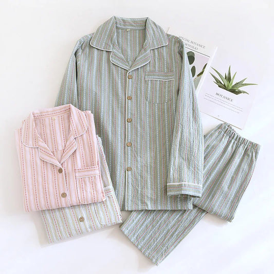 2025 New Spring/Summer Couple Set 100% Cotton Striped Long Sleeve Two Piece Set Men's and Women's Cardigan Home Clothes