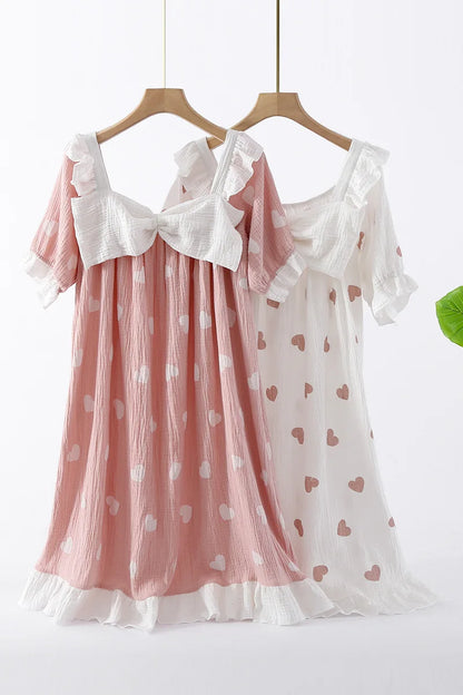 New Summer Long Dress Ladies Short Sleeve Nightdress 100% Cotton Crepe Loose Home Cute Bow Love Dress Home Skirt sleepwear women