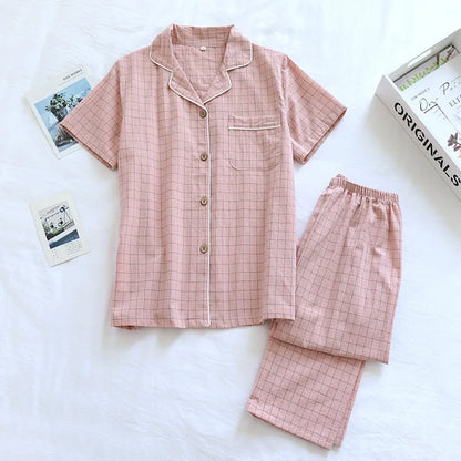 2025 Japanese style simple short women female 100% cotton gauze short sleeve trousers ladies pajamas suit cute pajamas sets home