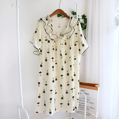 2025 Summer New Women's Pajama Dress 100% Cotton Crepe Ladies Short Sleeve Skirt Thin Flower Dress Homewear Pajama Dress