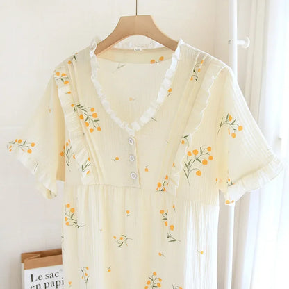 Summer new ladies nightdress 100% cotton crepe skirt thin short sleeve Japanese sweet and cute cardigan skirt home skirt women