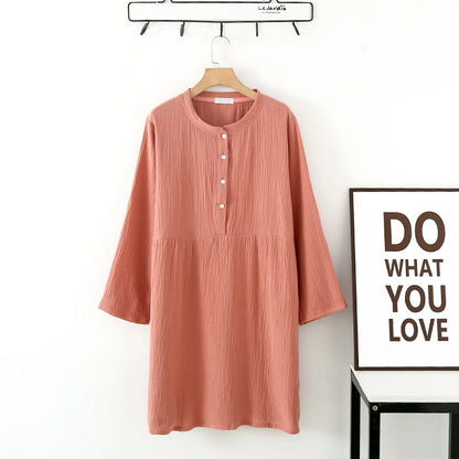 Spring and Autumn Women's Long Sleeve Nightdress 100%Cotton Crepe Round Neck Button Solid Color Dress Home Dress Nightgown Dress