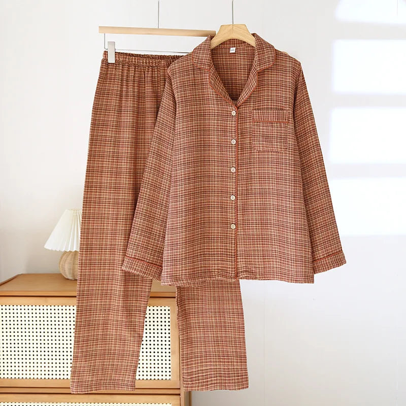 2025 Women's New Spring and Autumn Pajama Set 100% Cotton Long Sleeve Long Pants Two Piece Set Loose Collar Home Clothes Ladies